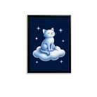 Framed Art Print of a Serene Cat Sitting on a Cloud, Blue and White Illustration, Perfect for Home Decor in Any Room