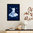 Framed Art Print of a Serene Cat Sitting on a Cloud, Blue and White Illustration, Perfect for Home Decor in Any Room