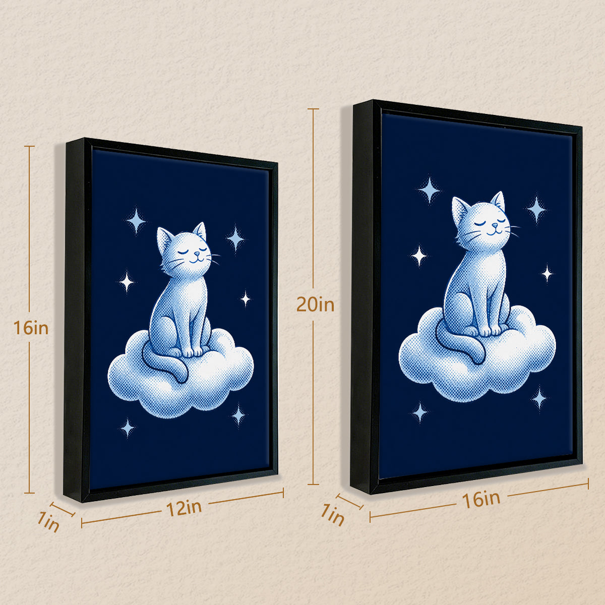 Framed Art Print of a Serene Cat Sitting on a Cloud, Blue and White Illustration, Perfect for Home Decor in Any Room