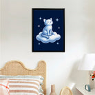 Framed Art Print of a Serene Cat Sitting on a Cloud, Blue and White Illustration, Perfect for Home Decor in Any Room