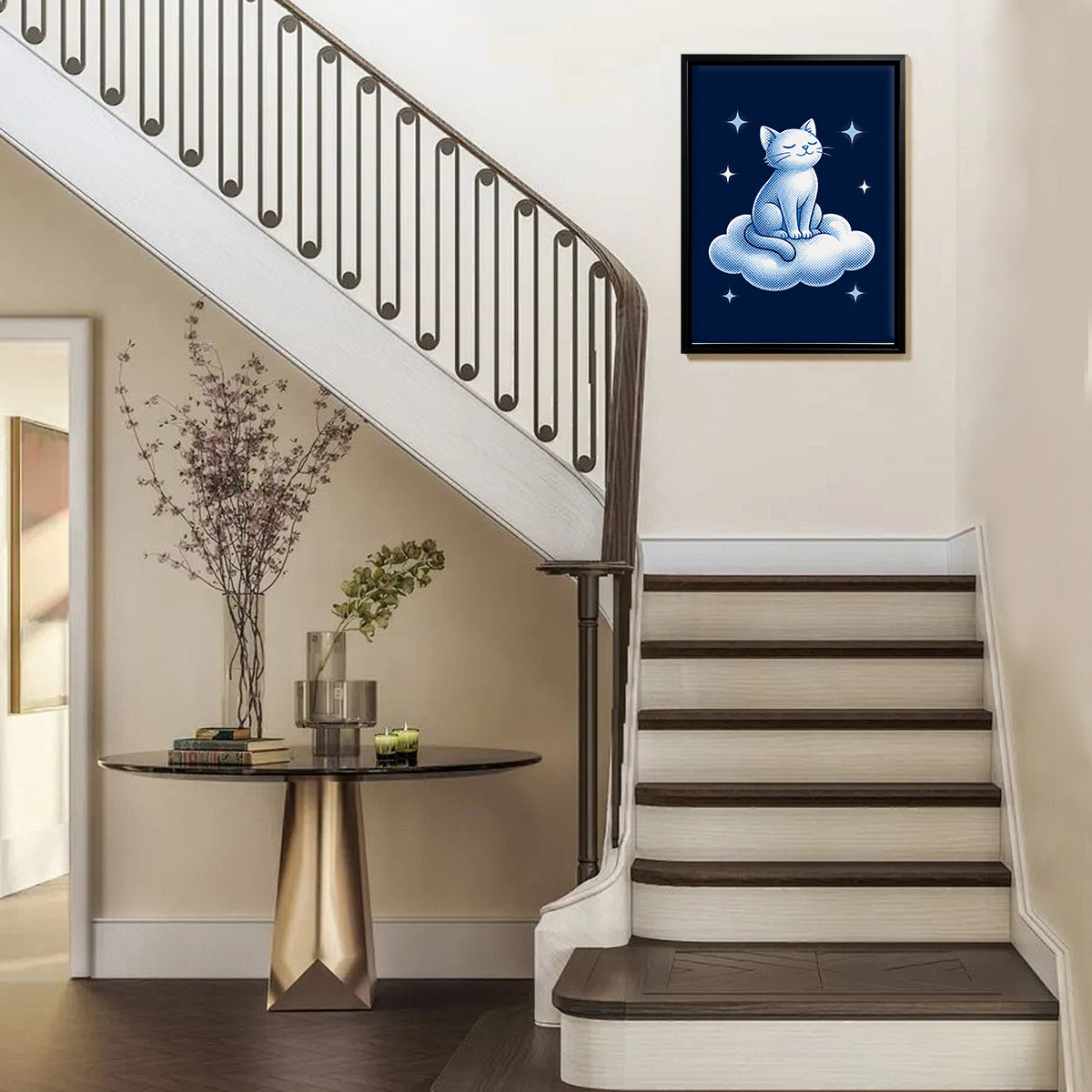 Framed Art Print of a Serene Cat Sitting on a Cloud, Blue and White Illustration, Perfect for Home Decor in Any Room