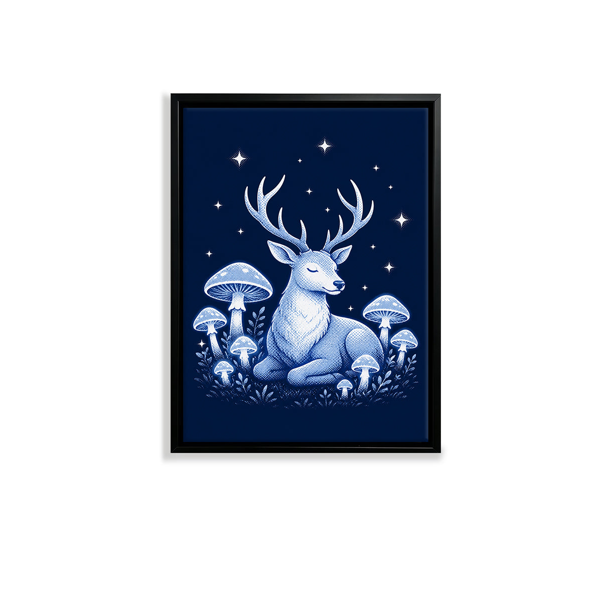 Framed Art Print Deer Moonlight Forest Mushrooms Blue Fantasy Style Canvas for Home Decor
