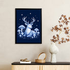 Framed Art Print Deer Moonlight Forest Mushrooms Blue Fantasy Style Canvas for Home Decor