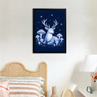 Framed Art Print Deer Moonlight Forest Mushrooms Blue Fantasy Style Canvas for Home Decor