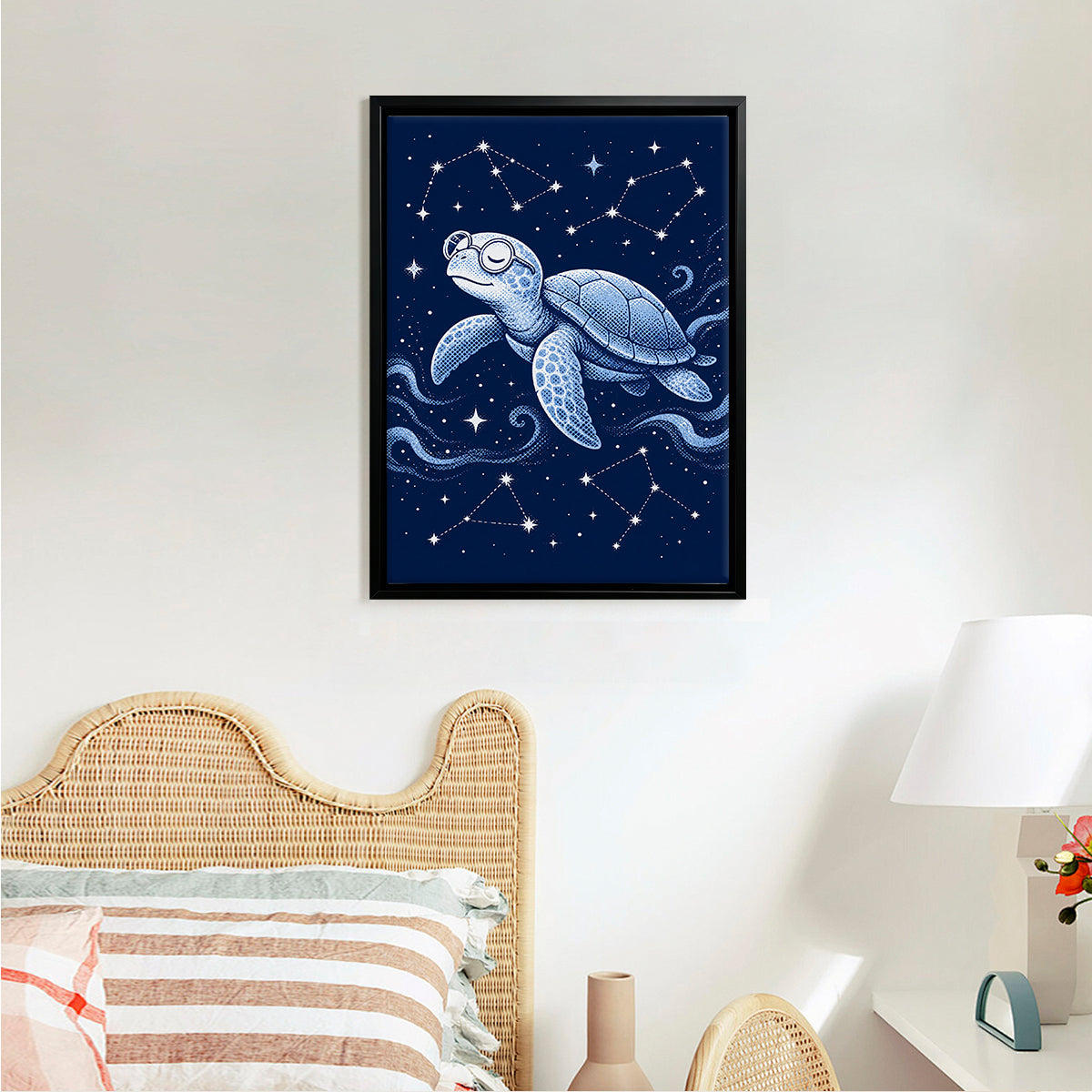 Framed Sea Turtle Constellation Art Print, Blue Ocean Style, High-Quality Canvas for Home Decor