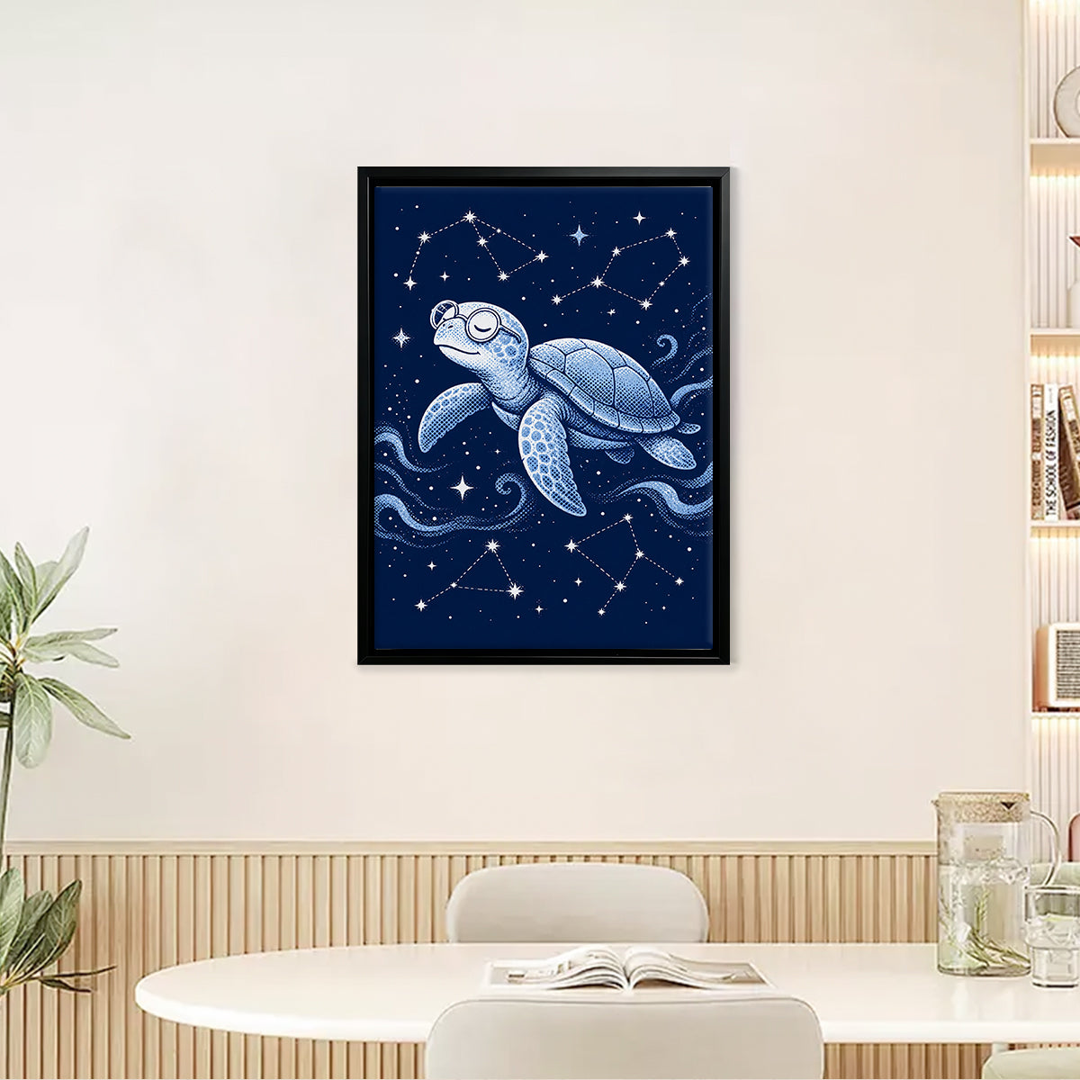 Framed Sea Turtle Constellation Art Print, Blue Ocean Style, High-Quality Canvas for Home Decor