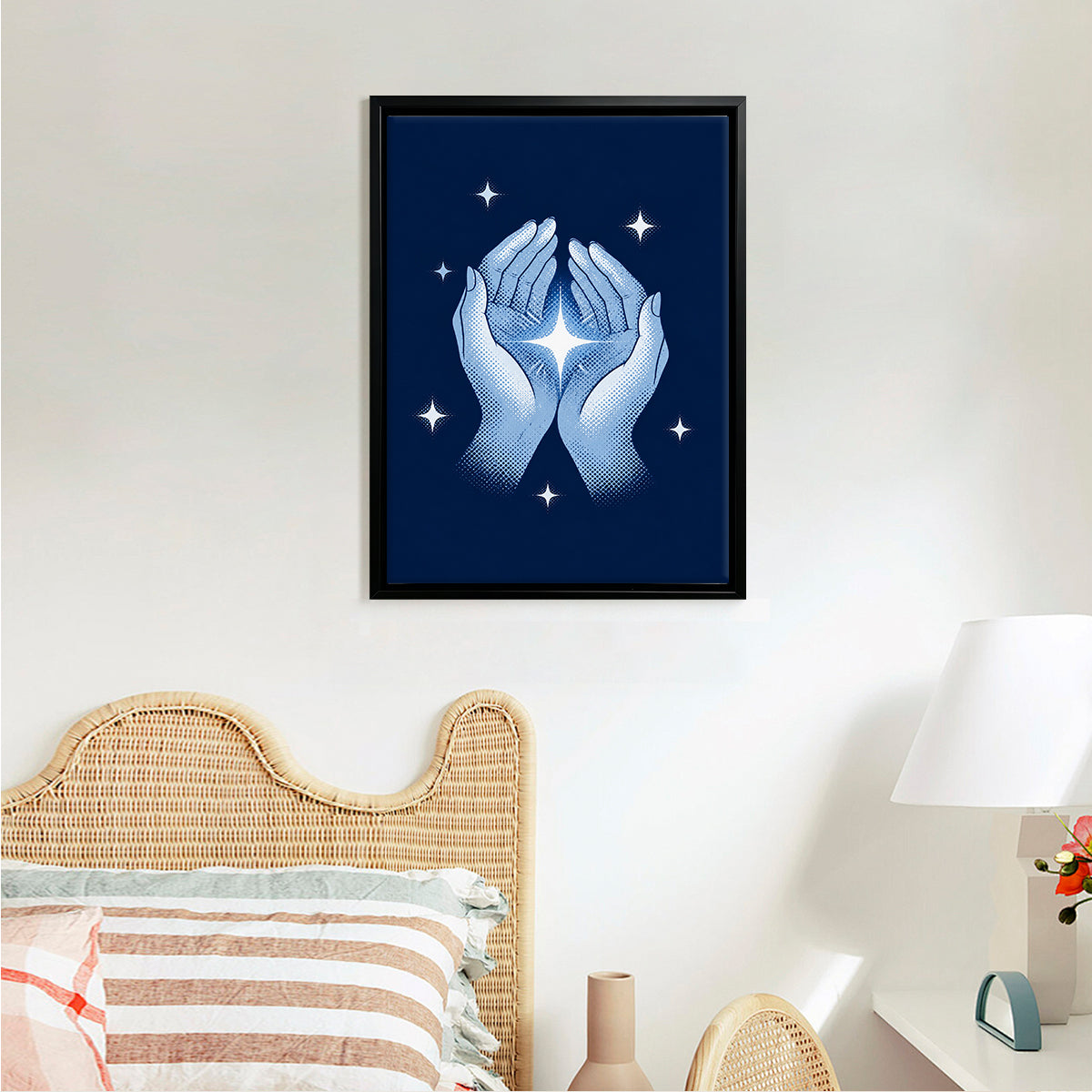 Framed Hands Holding Star Art Print, Blue Fantasy Style, High-Quality Matte Finish, Perfect Home Decor for Any Room