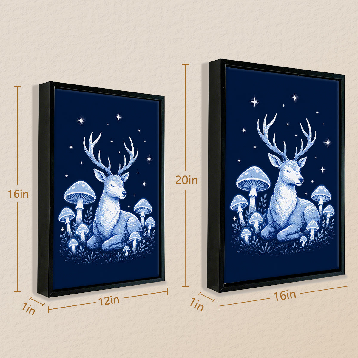 Framed Art Print Deer Moonlight Forest Mushrooms Blue Fantasy Style Canvas for Home Decor