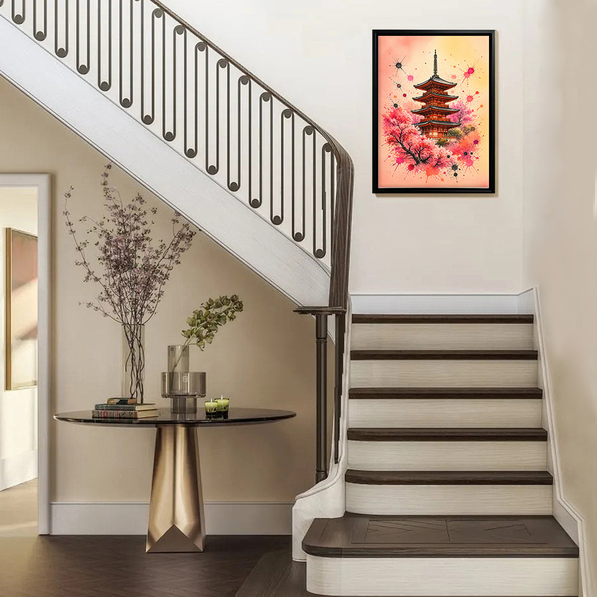 Framed Japanese Pagoda Art Print with Cherry Blossoms, Vibrant Watercolor Style, Perfect Home Decor for Living Room or Bedroom