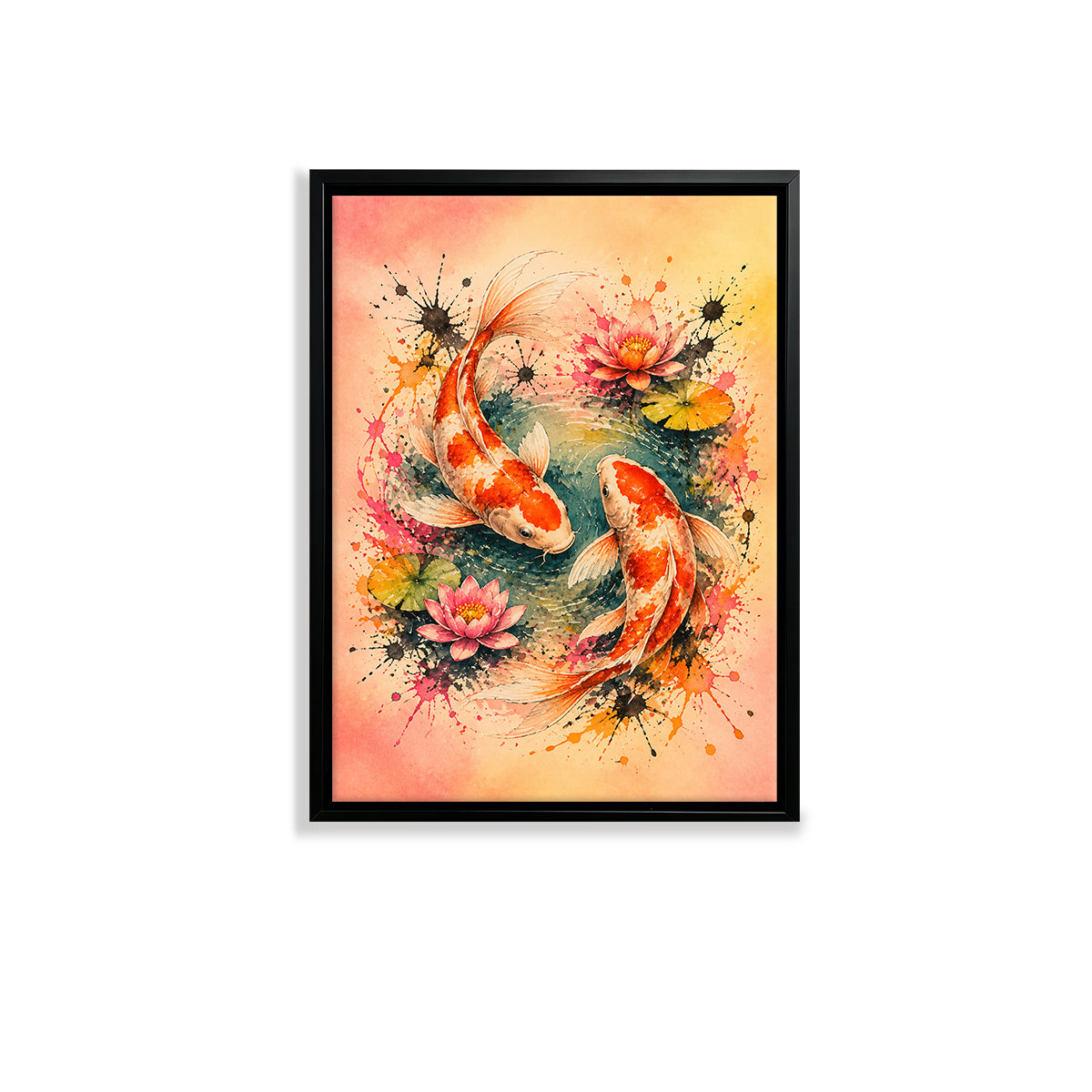 Framed Koi Fish Watercolor Art Print with Lotus Flowers, Vibrant Asian Style, Perfect Home Decor for Living Room or Bedroom