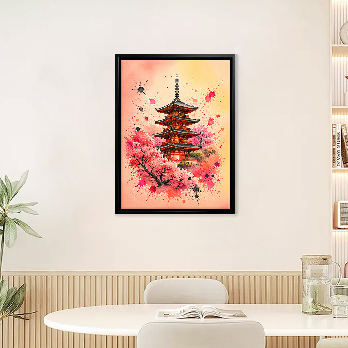 Framed Japanese Pagoda Art Print with Cherry Blossoms, Vibrant Watercolor Style, Perfect Home Decor for Living Room or Bedroom