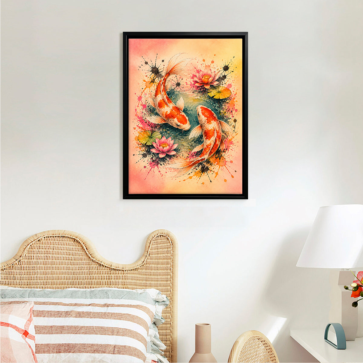 Framed Koi Fish Watercolor Art Print with Lotus Flowers, Vibrant Asian Style, Perfect Home Decor for Living Room or Bedroom