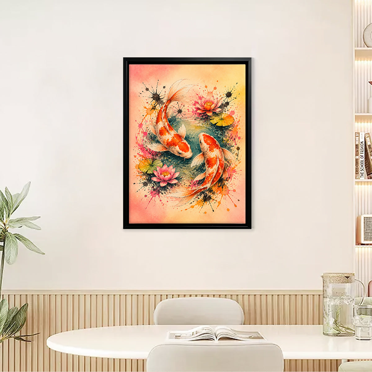 Framed Koi Fish Watercolor Art Print with Lotus Flowers, Vibrant Asian Style, Perfect Home Decor for Living Room or Bedroom
