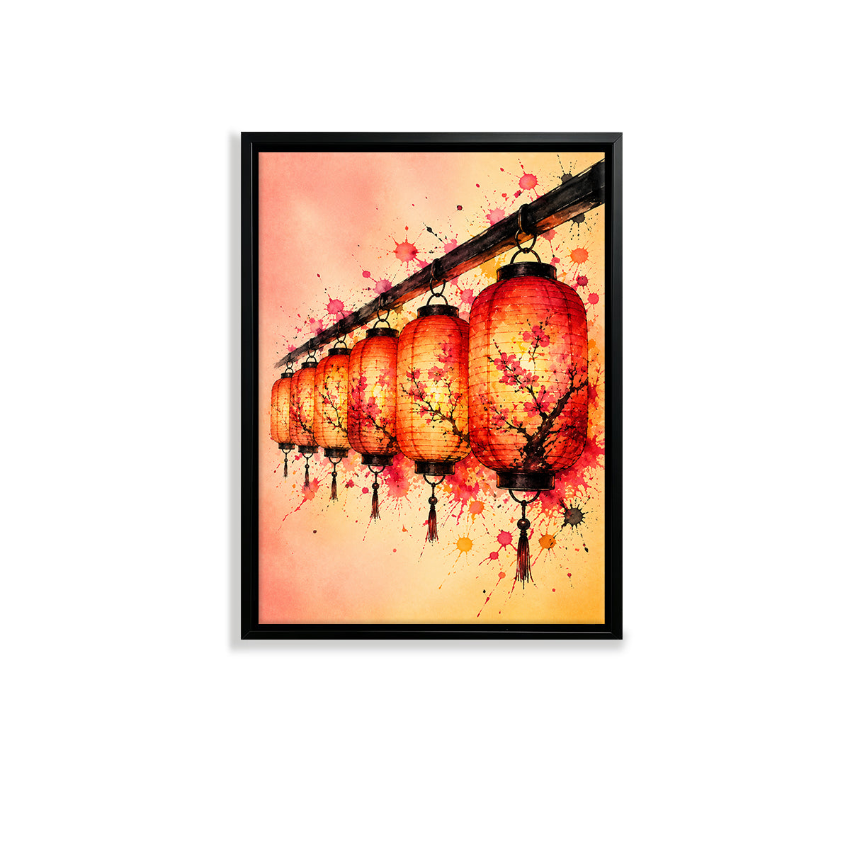 Framed Oriental Lantern Art Print with Cherry Blossom Design, Vibrant Colors for Home Decor