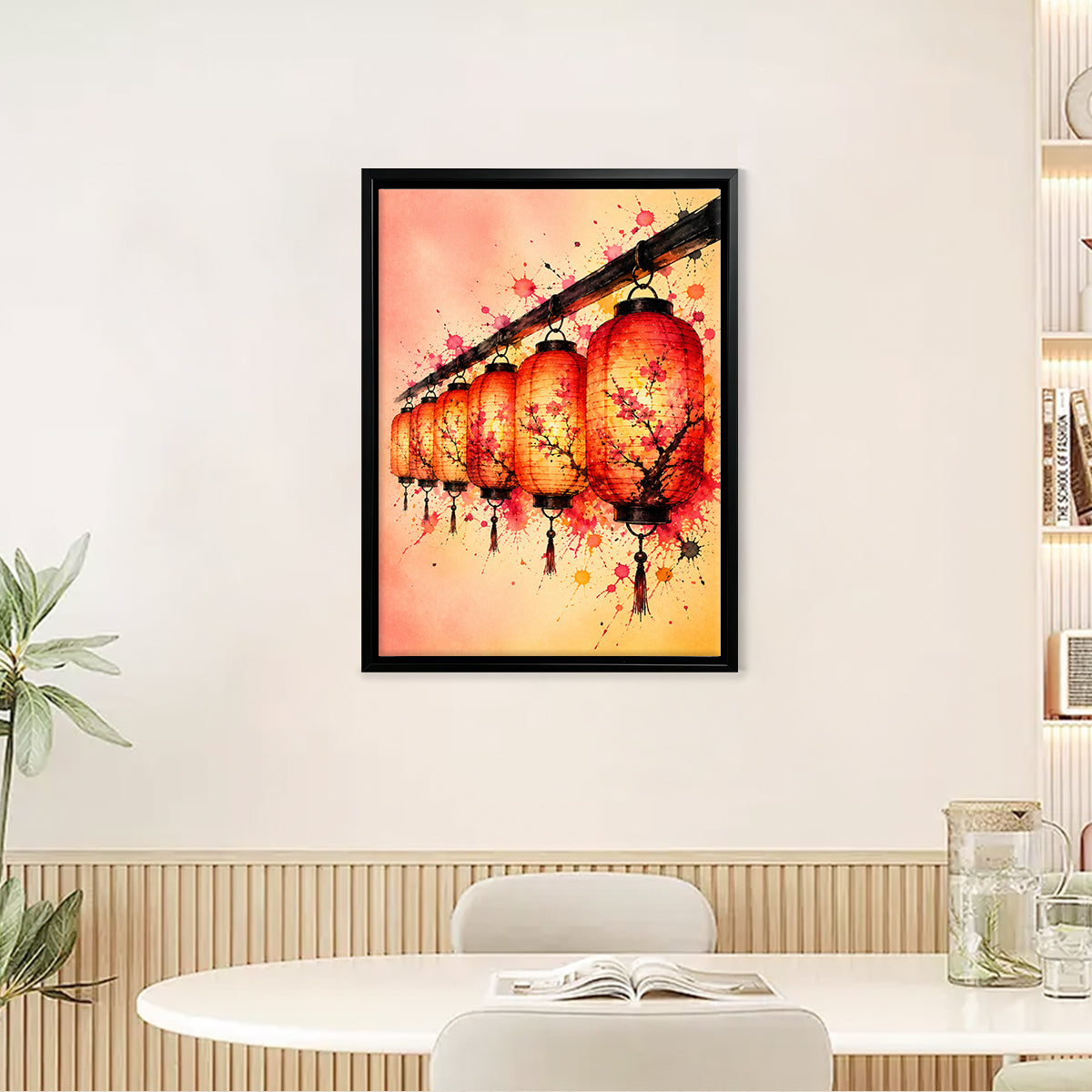 Framed Oriental Lantern Art Print with Cherry Blossom Design, Vibrant Colors for Home Decor