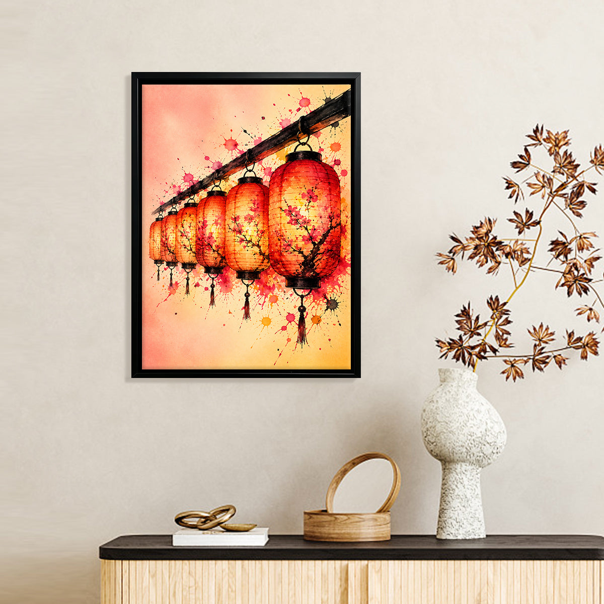 Framed Oriental Lantern Art Print with Cherry Blossom Design, Vibrant Colors for Home Decor