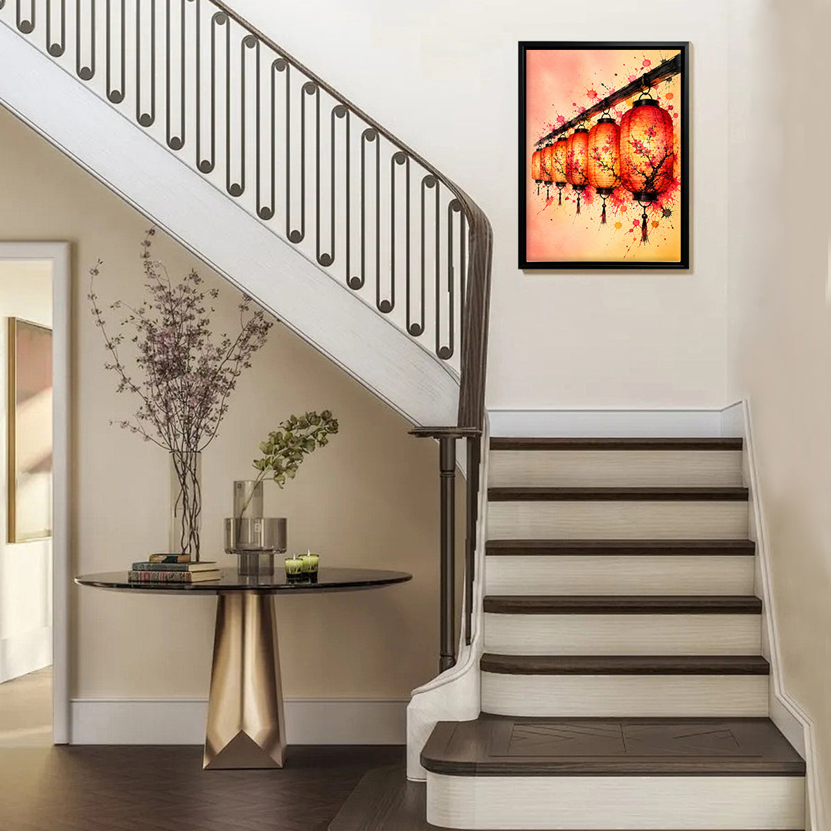 Framed Oriental Lantern Art Print with Cherry Blossom Design, Vibrant Colors for Home Decor