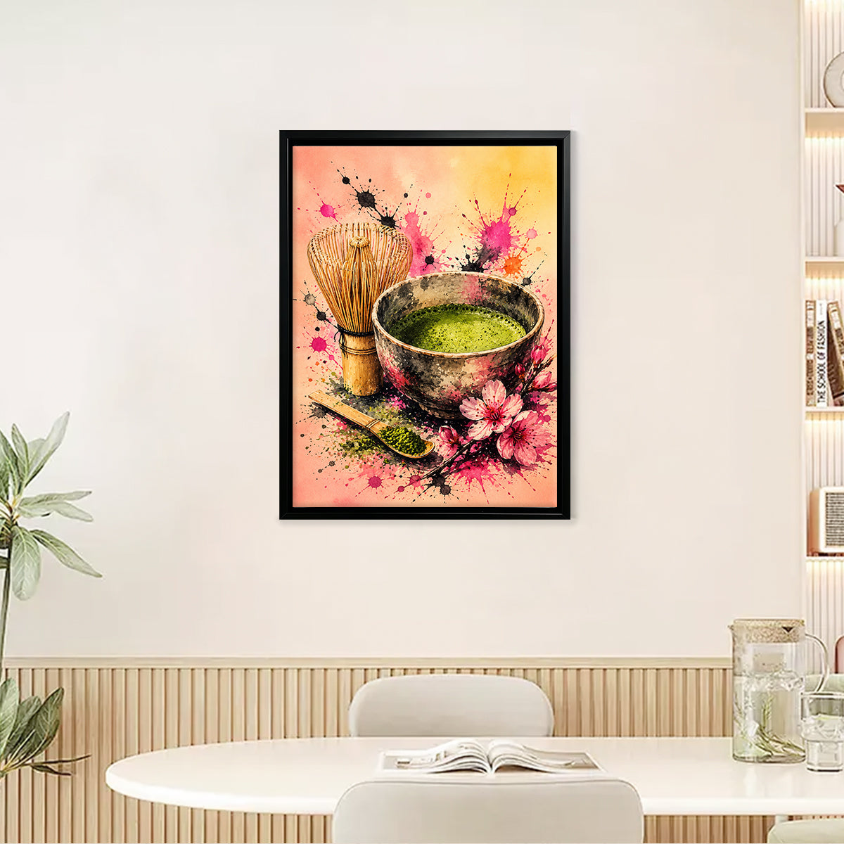Framed Matcha Tea Art Print with Whisk and Flowers, Vibrant Watercolor Style, Perfect Home Decor for Any Room
