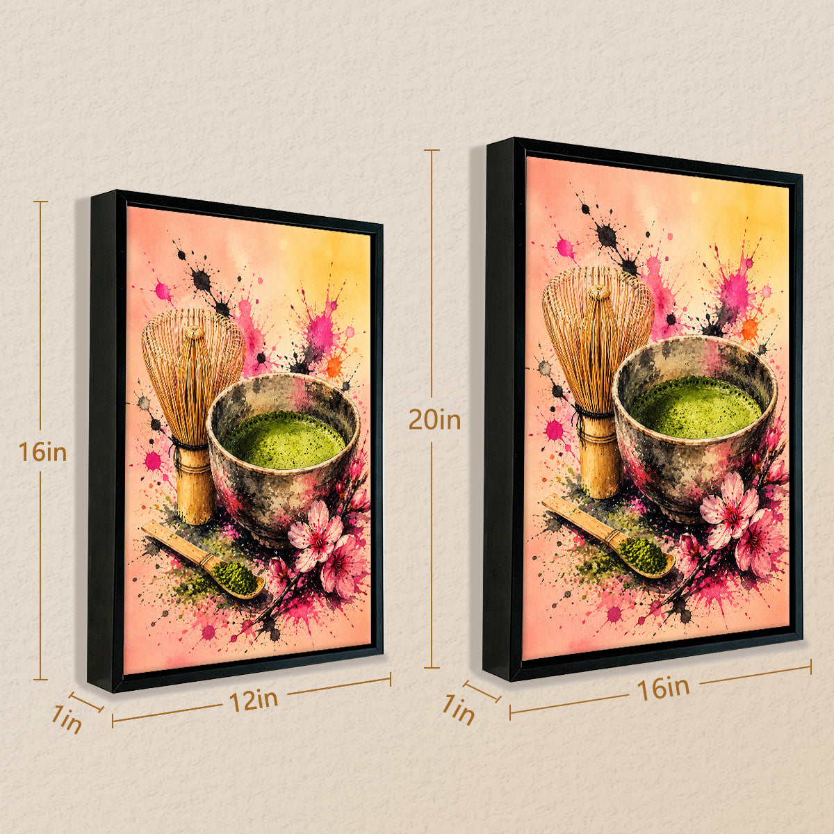 Framed Matcha Tea Art Print with Whisk and Flowers, Vibrant Watercolor Style, Perfect Home Decor for Any Room
