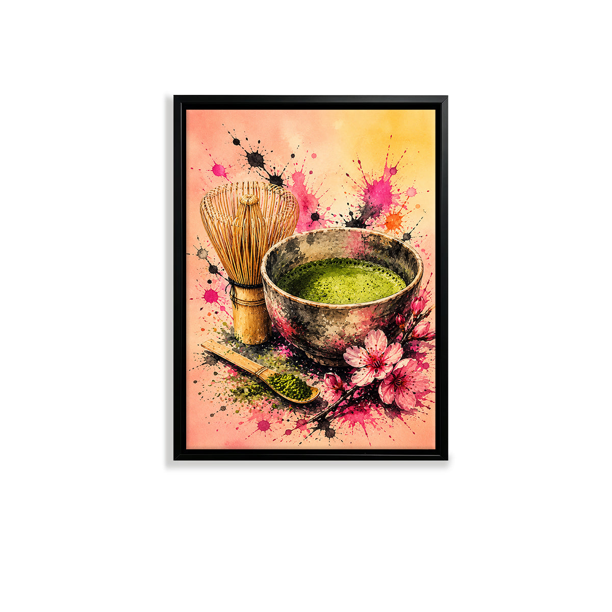 Framed Matcha Tea Art Print with Whisk and Flowers, Vibrant Watercolor Style, Perfect Home Decor for Any Room