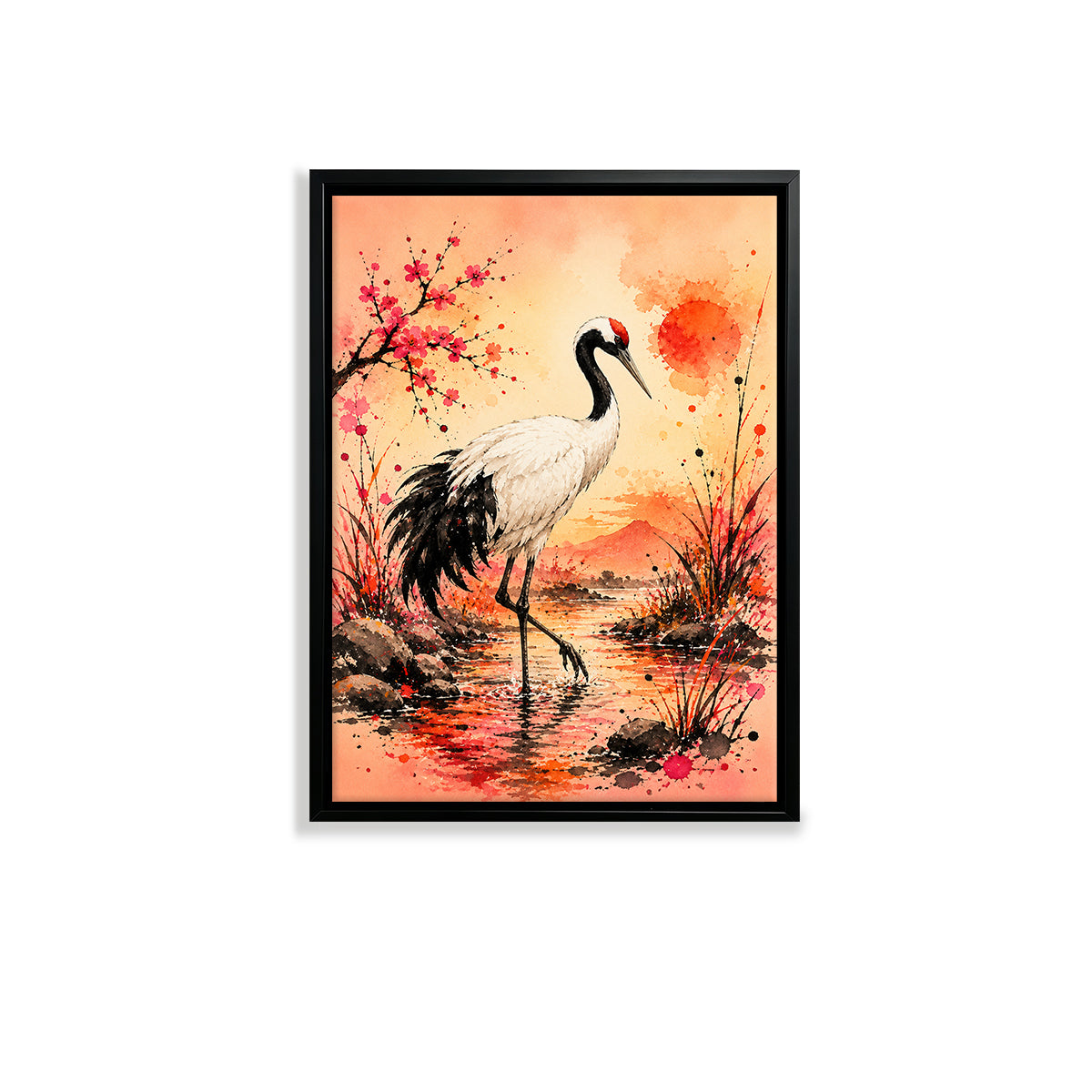 Framed Oriental Crane Art Print with Cherry Blossom Sunset Landscape, High-Quality Giclee on Canvas