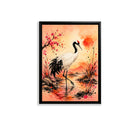 Framed Oriental Crane Art Print with Cherry Blossom Sunset Landscape, High-Quality Giclee on Canvas