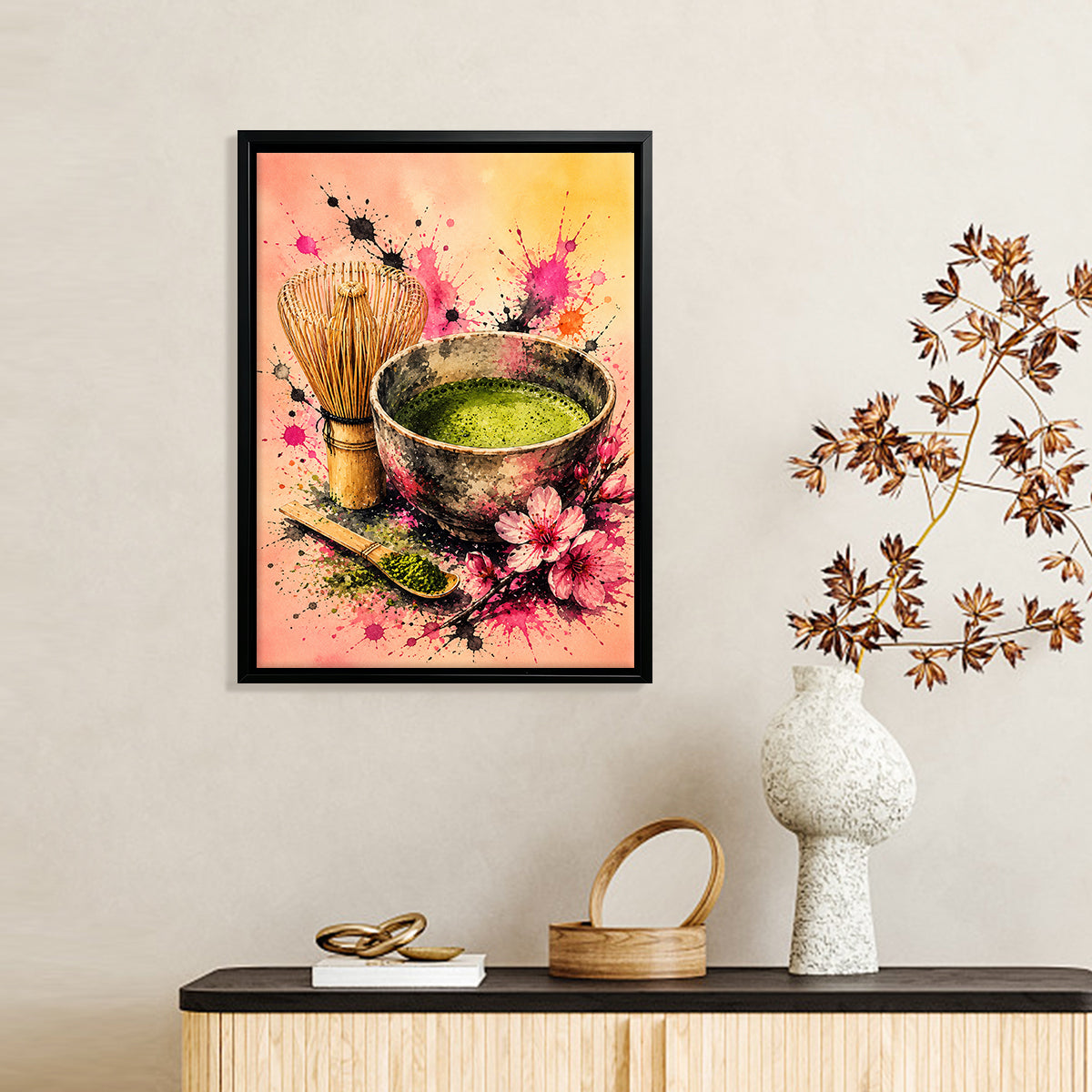 Framed Matcha Tea Art Print with Whisk and Flowers, Vibrant Watercolor Style, Perfect Home Decor for Any Room