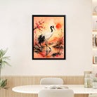 Framed Oriental Crane Art Print with Cherry Blossom Sunset Landscape, High-Quality Giclee on Canvas