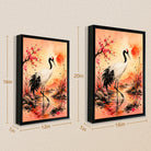 Framed Oriental Crane Art Print with Cherry Blossom Sunset Landscape, High-Quality Giclee on Canvas