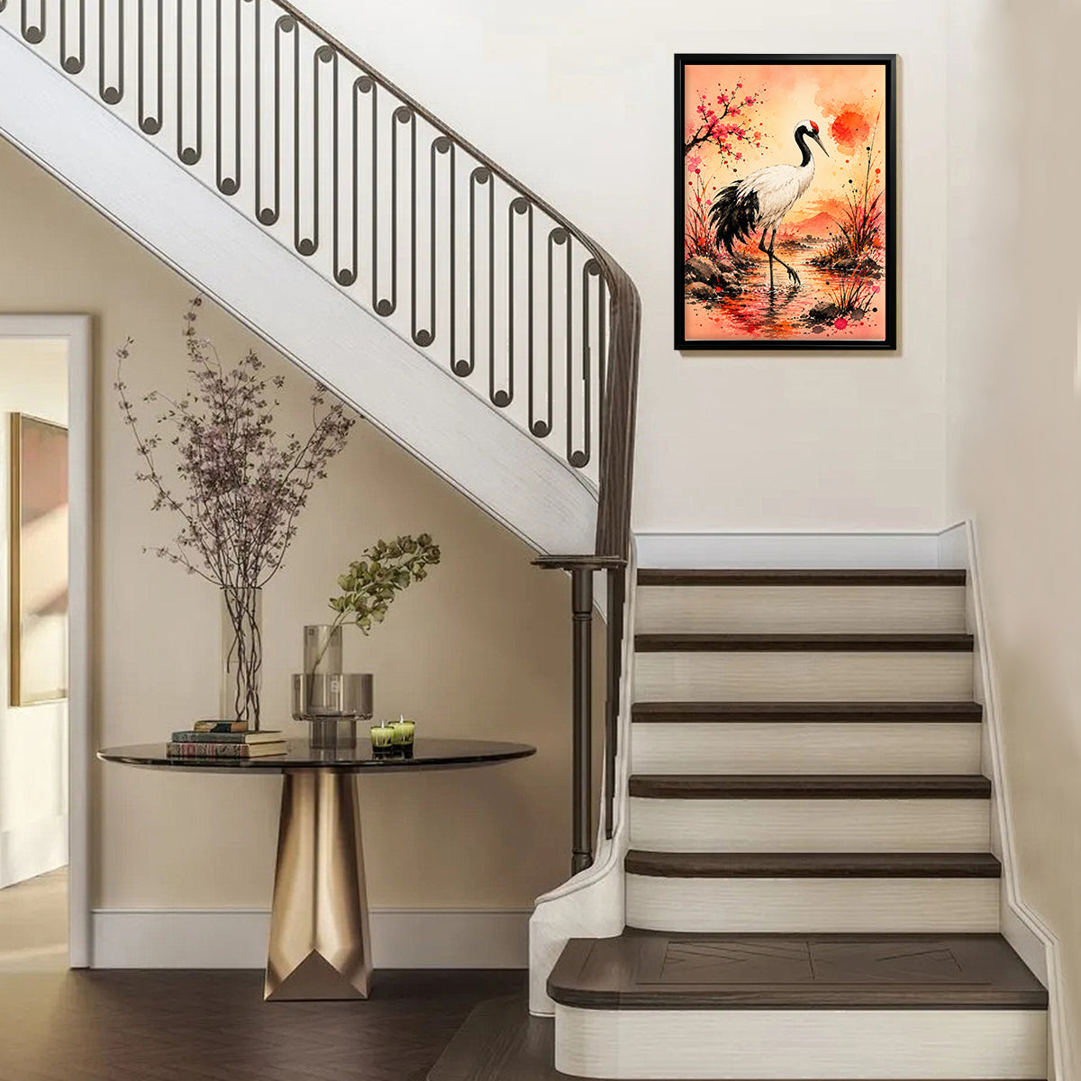 Framed Oriental Crane Art Print with Cherry Blossom Sunset Landscape, High-Quality Giclee on Canvas
