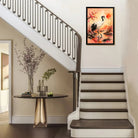 Framed Oriental Crane Art Print with Cherry Blossom Sunset Landscape, High-Quality Giclee on Canvas