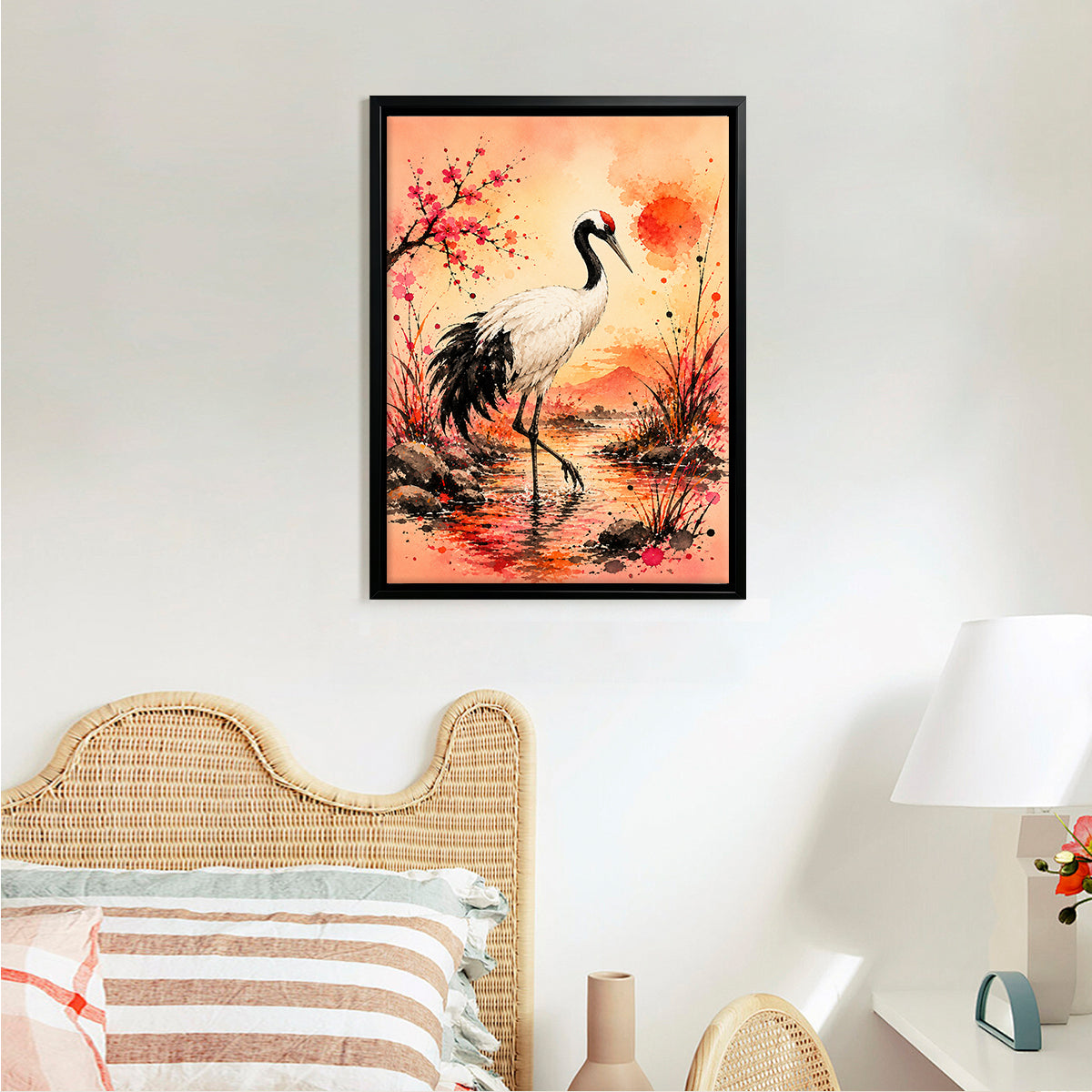 Framed Oriental Crane Art Print with Cherry Blossom Sunset Landscape, High-Quality Giclee on Canvas