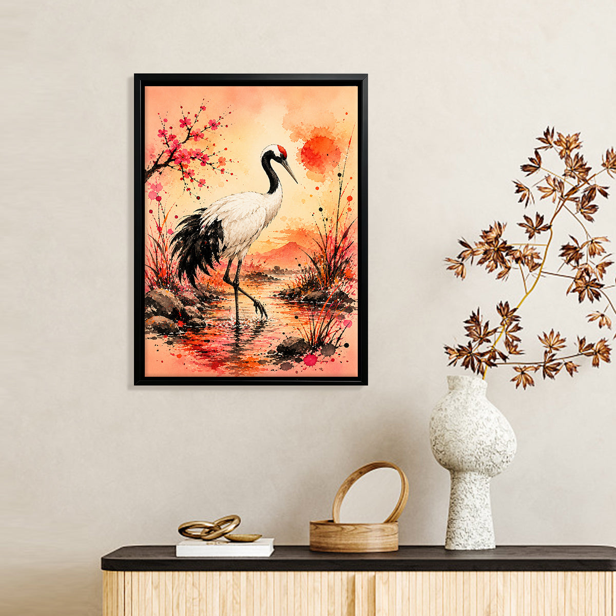 Framed Oriental Crane Art Print with Cherry Blossom Sunset Landscape, High-Quality Giclee on Canvas