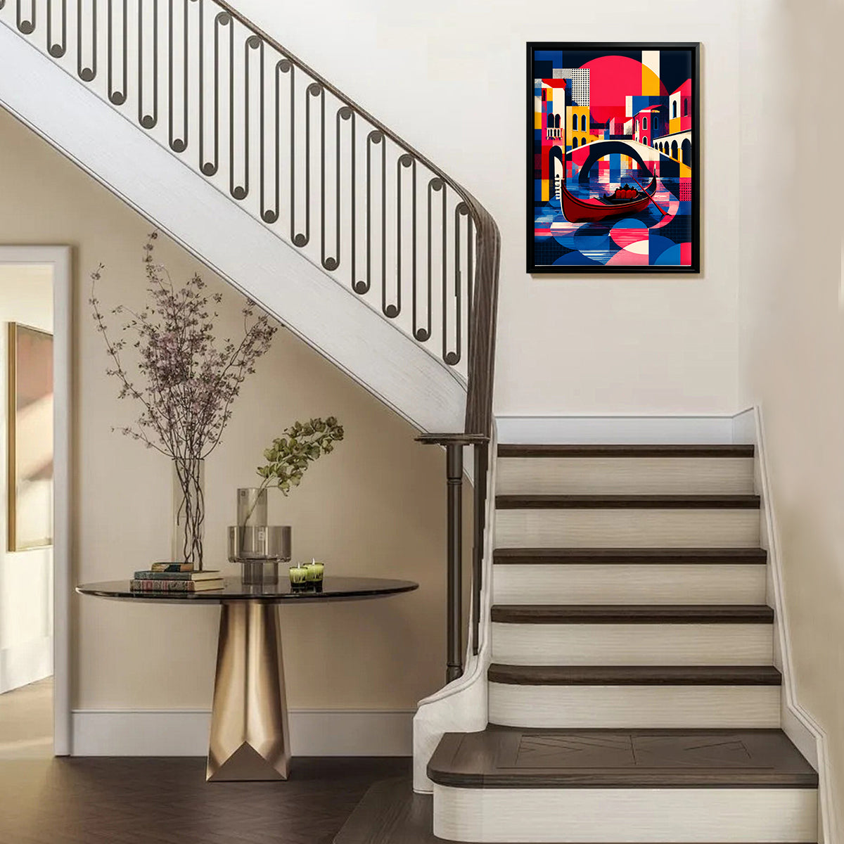 Framed Abstract Venice Gondola Art Print, Vibrant Colorful Design, High-Quality Canvas for Home Decor