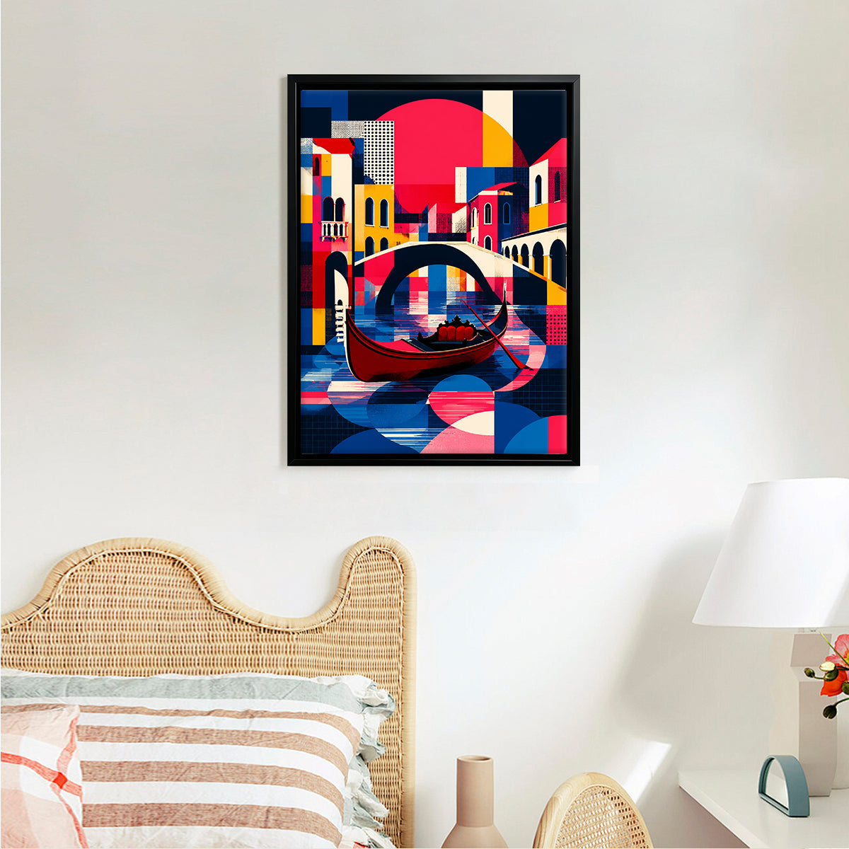 Framed Abstract Venice Gondola Art Print, Vibrant Colorful Design, High-Quality Canvas for Home Decor