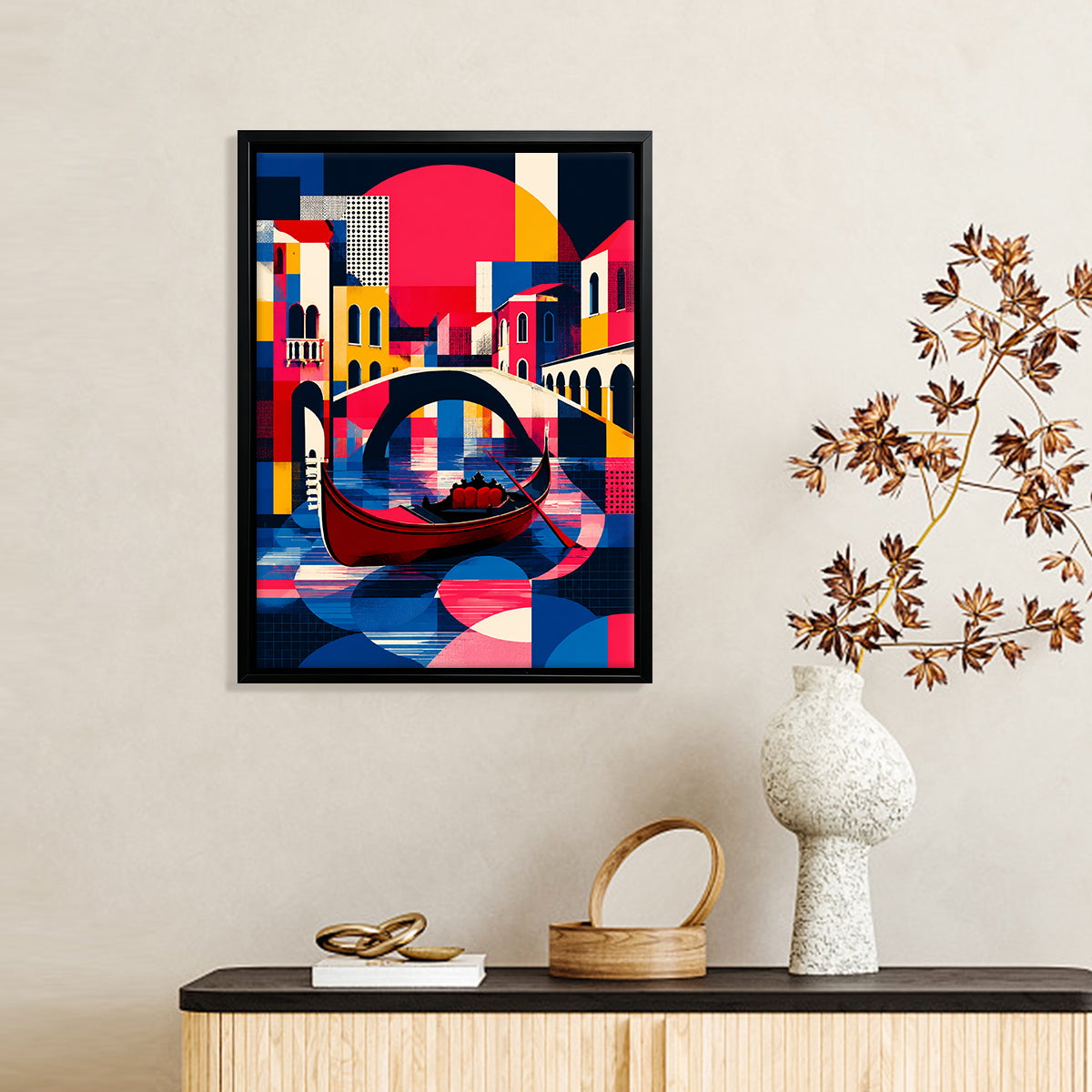 Framed Abstract Venice Gondola Art Print, Vibrant Colorful Design, High-Quality Canvas for Home Decor