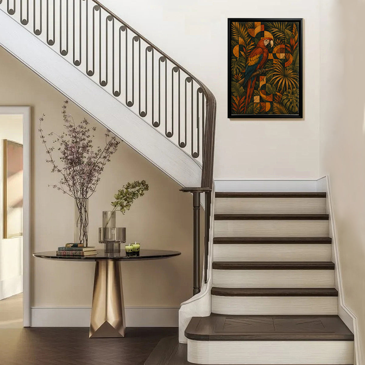 Framed Tropical Parrot Art Print with Geometric Patterns, Vibrant Colors, Perfect for Home Decor in Any Room