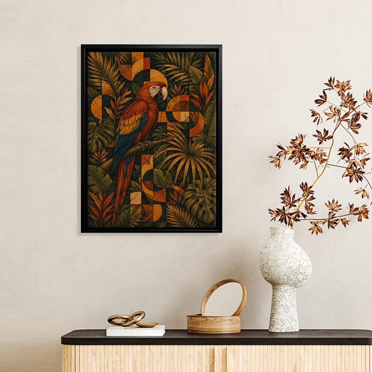 Framed Tropical Parrot Art Print with Geometric Patterns, Vibrant Colors, Perfect for Home Decor in Any Room