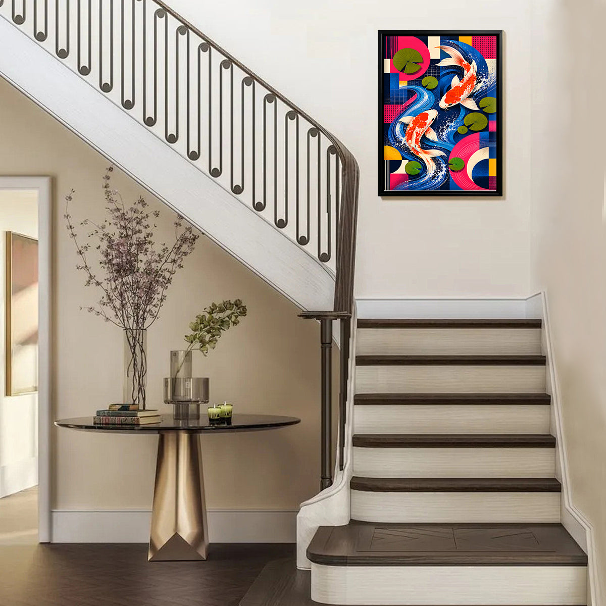 Framed Koi Fish Art Print with Vibrant Geometric Design, Perfect for Home Decor in Any Room