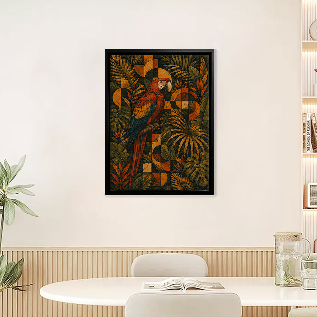 Framed Tropical Parrot Art Print with Geometric Patterns, Vibrant Colors, Perfect for Home Decor in Any Room