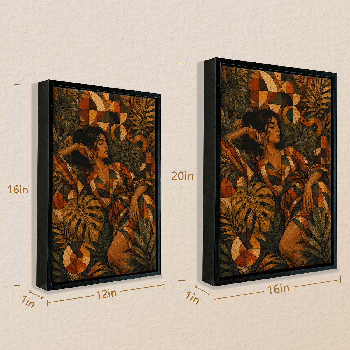 Framed Art Print of a Woman in Tropical Leaves and Geometric Patterns, Vintage Style Canvas for Home Decor