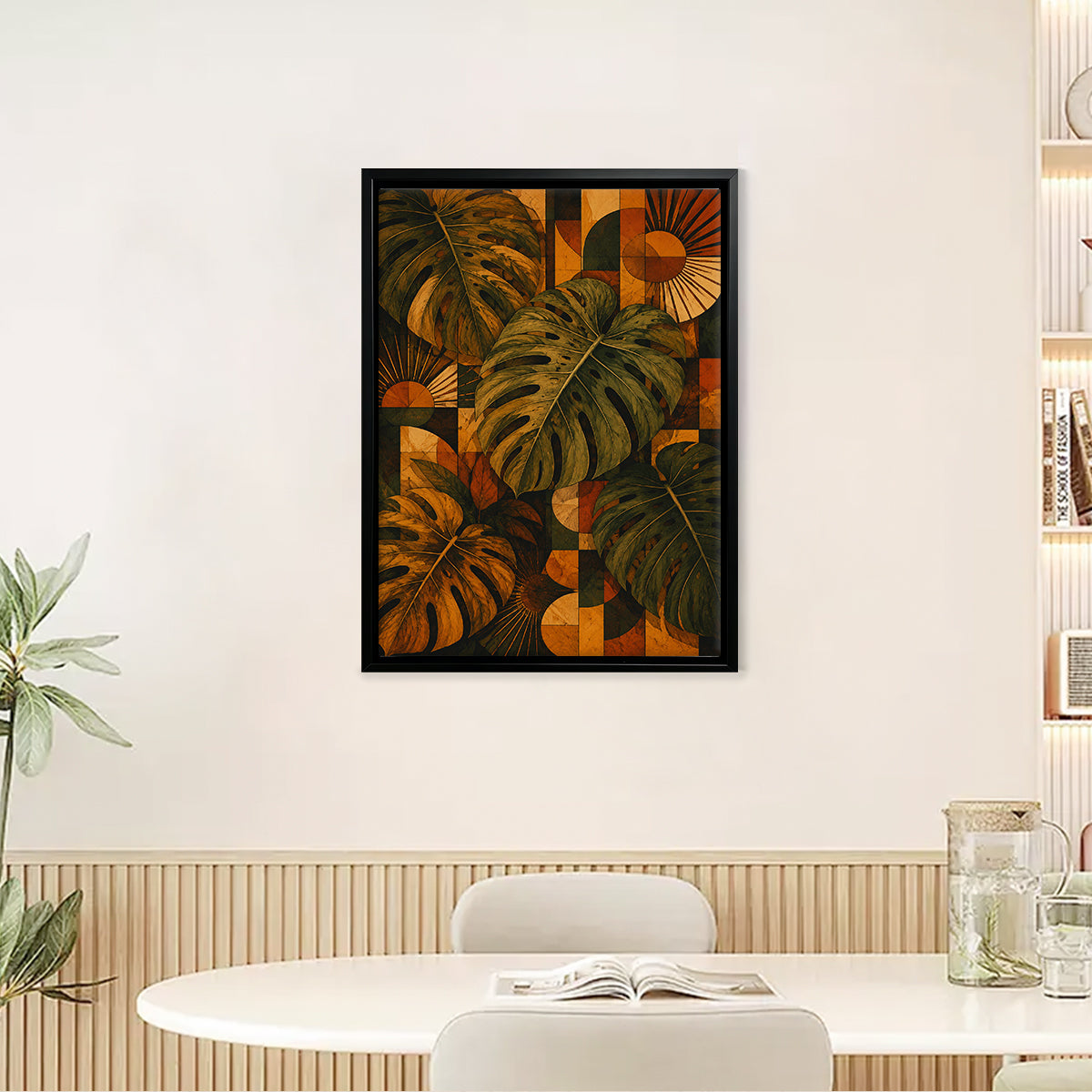 Framed Tropical Leaf Art Print with Geometric Design, Vibrant Colors, Perfect for Home Decor in Any Room