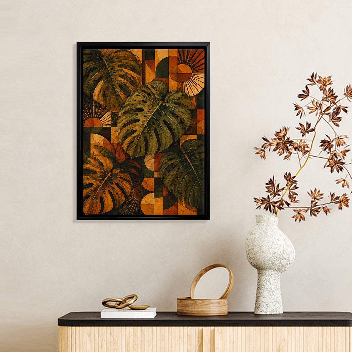 Framed Tropical Leaf Art Print with Geometric Design, Vibrant Colors, Perfect for Home Decor in Any Room