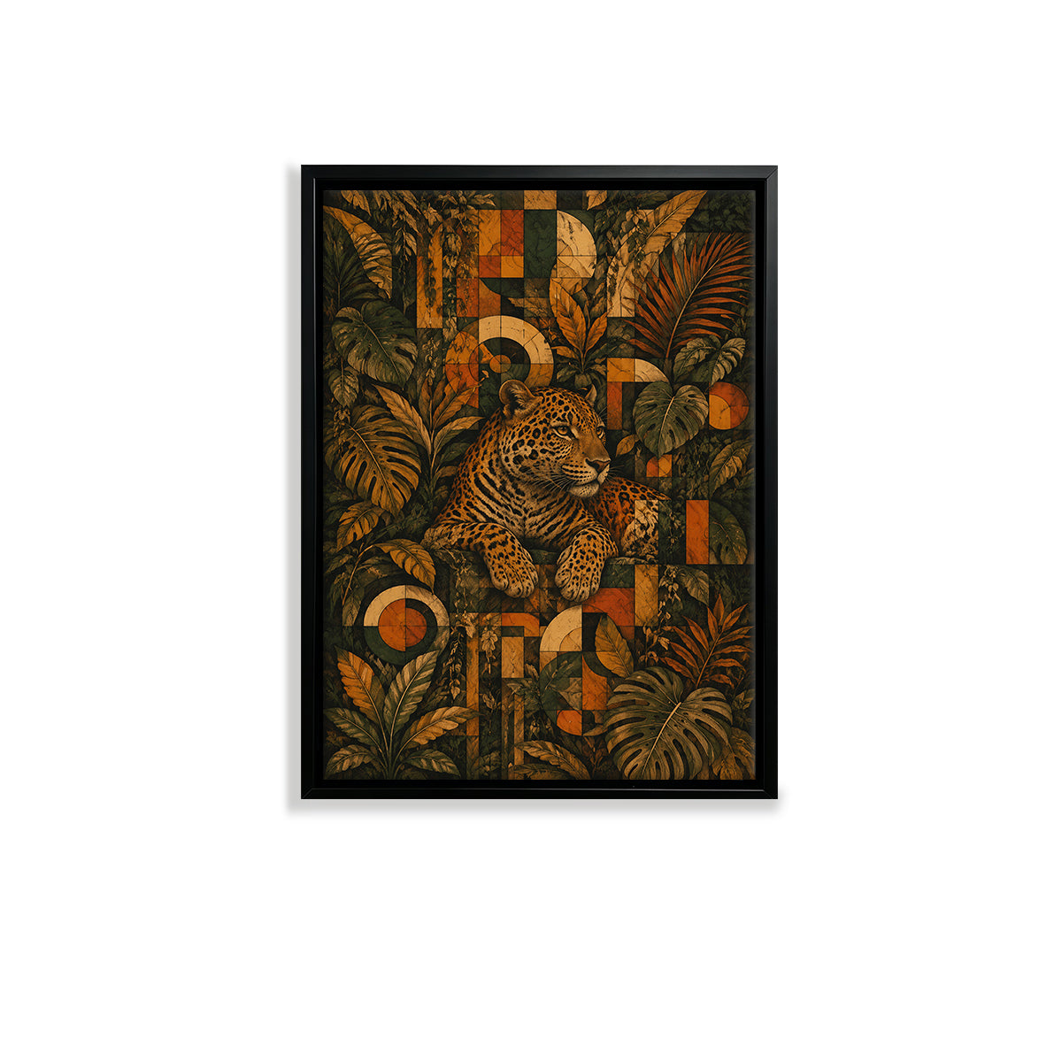Framed Jungle Leopard Art Print with Geometric Patterns, Vibrant Colors, Perfect for Home Decor in Any Room
