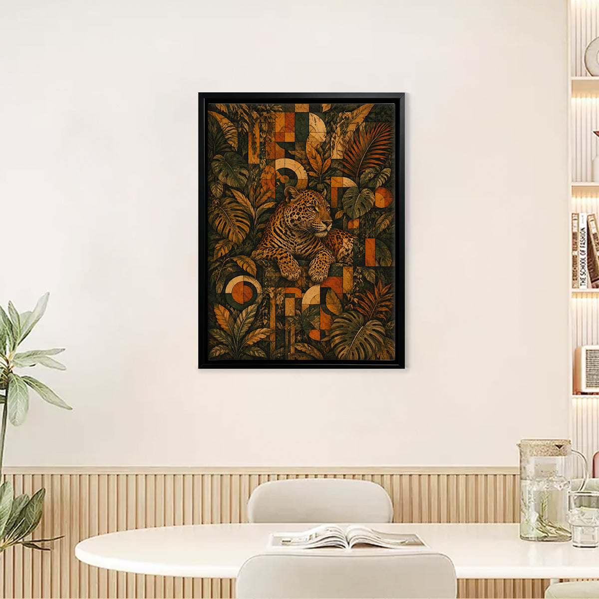 Framed Jungle Leopard Art Print with Geometric Patterns, Vibrant Colors, Perfect for Home Decor in Any Room