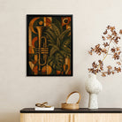 Framed Art Print Featuring Trumpet and Tropical Leaves in Retro Style, Perfect for Home Decor