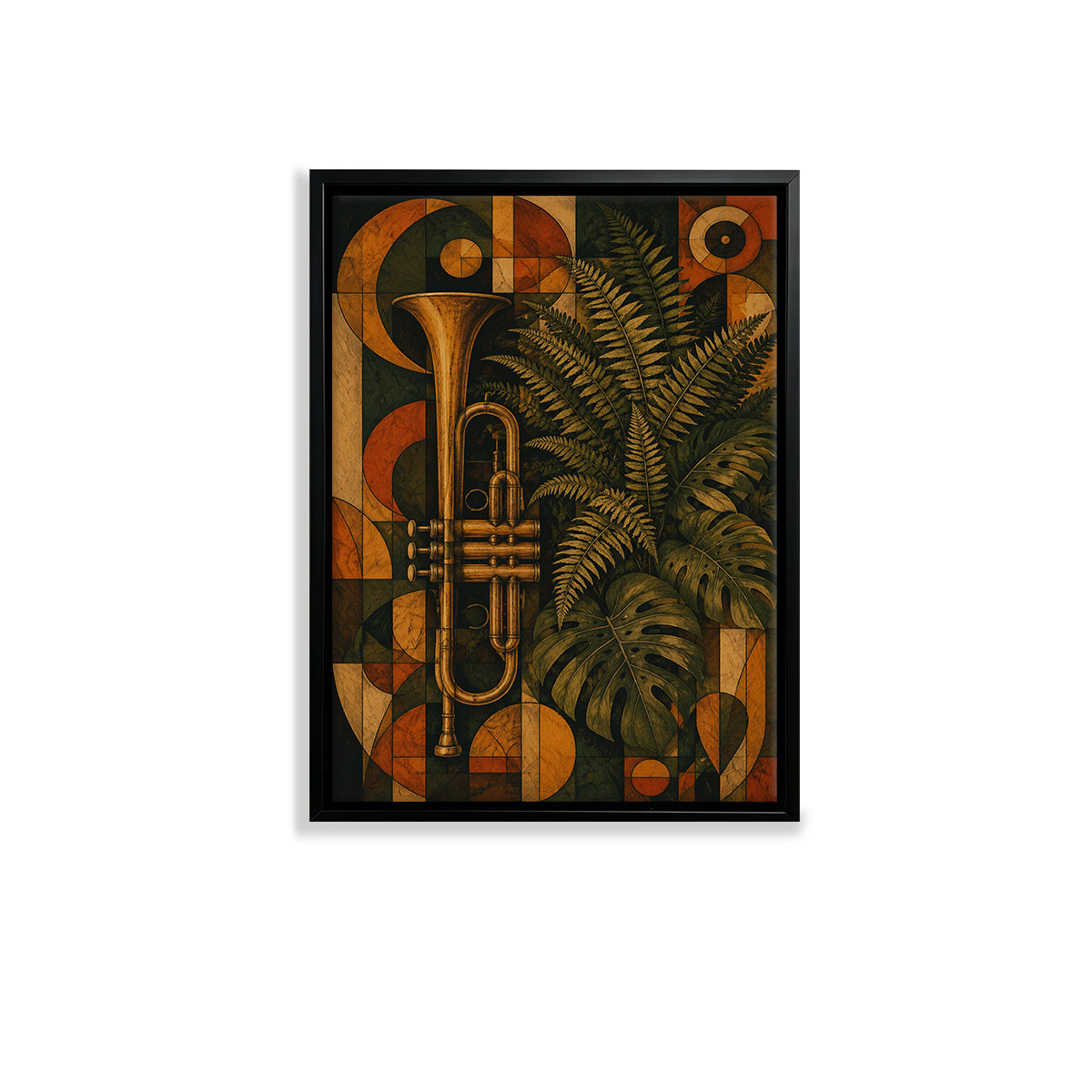 Framed Art Print Featuring Trumpet and Tropical Leaves in Retro Style, Perfect for Home Decor