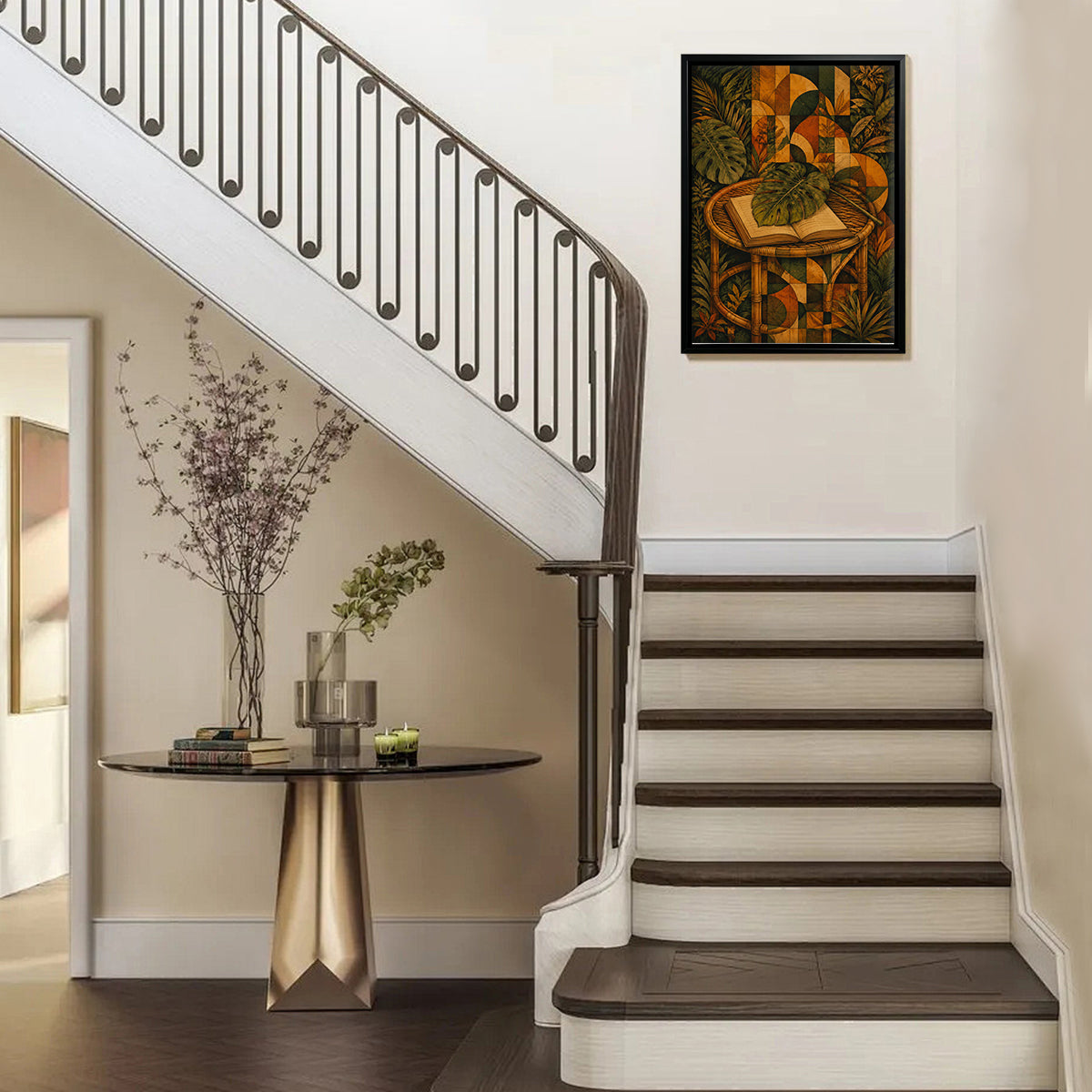 Framed Tropical Botanical Art Print with Rattan Table and Open Book, Vintage Style for Home Decor