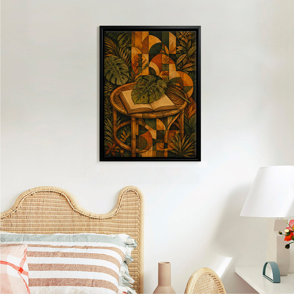 Framed Tropical Botanical Art Print with Rattan Table and Open Book, Vintage Style for Home Decor