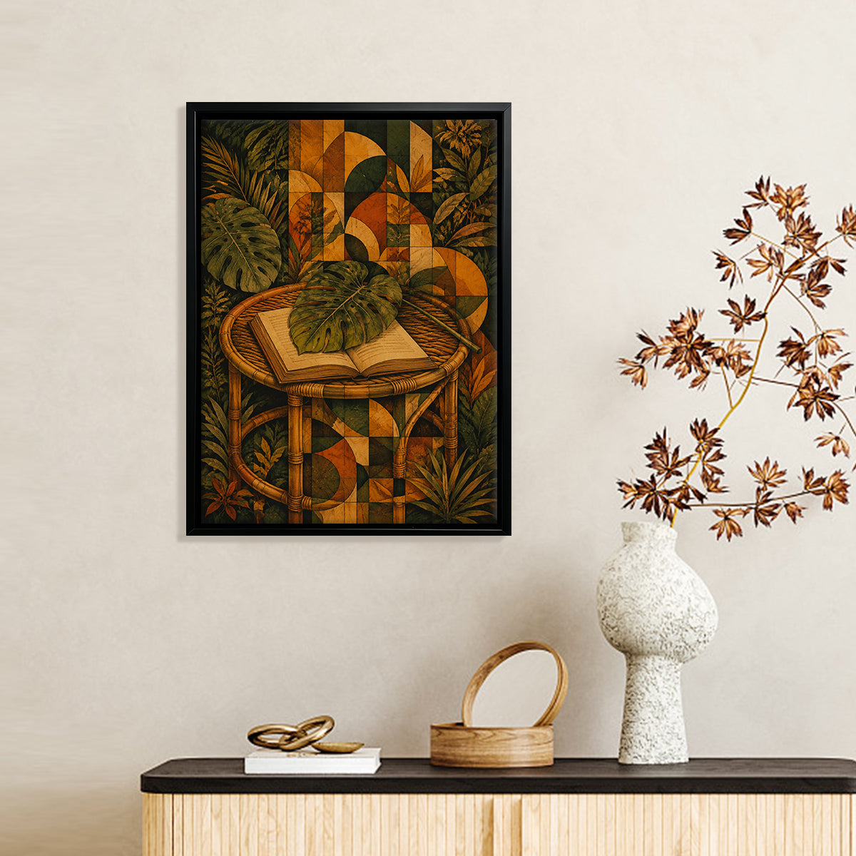 Framed Tropical Botanical Art Print with Rattan Table and Open Book, Vintage Style for Home Decor